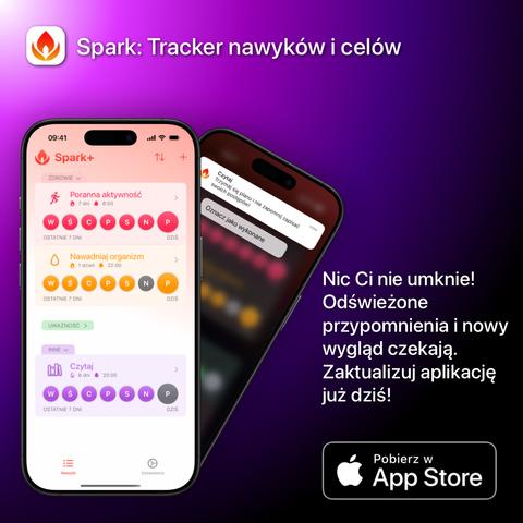 Grafika promocyjna aplikacji „Spark: Tracker nawyków i celów” przedstawiająca dwa smartfony z widocznym interfejsem aplikacji do śledzenia nawyków i przypomnień. W tle gradient fioletowo-różowy. Po prawej stronie znajduje się tekst: „Nic Ci nie umknie! Odświeżone przypomnienia i nowy wygląd czekają. Zaktualizuj aplikację już dziś!” oraz przycisk „Pobierz w App Store”