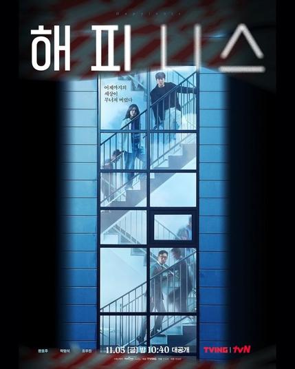 Happiness poster. Glass stairwell with people looking out.