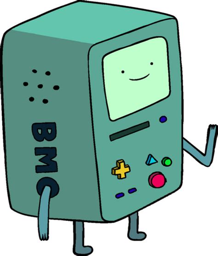 Bmo le modèle de la broderie, petite console de jeu type gameboy, personnage d'Adventure time. Elle a des boutons colorés et un visage souriant