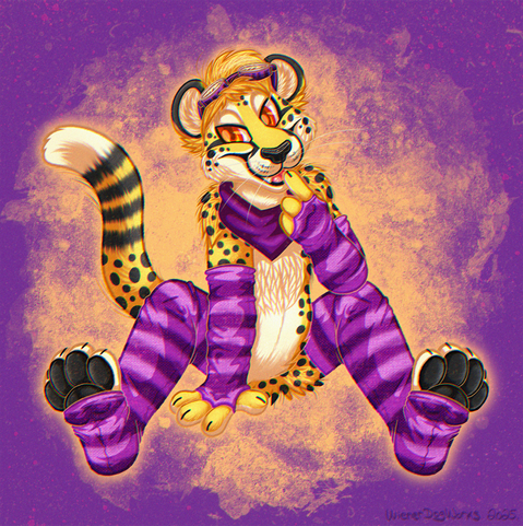 A non-binary anthropomorphic cheetah is sitting down, legs extended out in front of them. They are coyly raising a finger up to their mouth, with a flirty expression on their face. They are wearing goggles on top of their head, a purple neck bandana, purple striped armwarmers, and purple striped thigh-high socks.