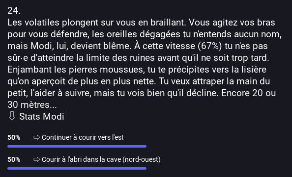 Sondage 24, dont les deux choix sont à égalité de votes:
Les volatiles plongent sur vous en braillant. Vous agitez vos bras pour vous défendre, les oreilles dégagées tu n'entends aucun nom, mais Modi, lui, devient blême. À cette vitesse (67%) tu n'es pas sûr⋅e d'atteindre la limite des ruines avant qu'il ne soit trop tard.
Enjambant les pierres moussues, tu te précipites vers la lisière qu'on aperçoit de plus en plus nette. Tu veux attraper la main du petit, l'aider à suivre, mais tu vois bien qu'il décline. Encore 20 ou 30 mètres...
- Choix 1: continuer à courir vers l'est
- Choix 2: courir à l'abri dans la cave (nord-ouest)
