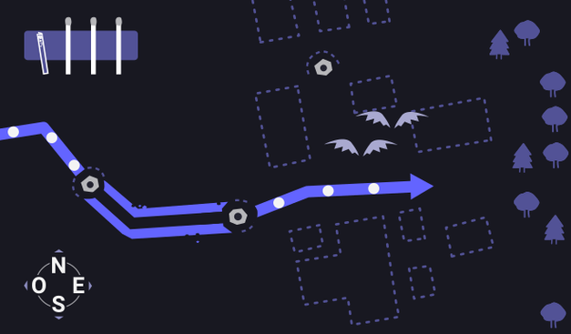 Carte schématique d'un itinéraire où une ligne fléchée violette représente le chemin parcouru . Au milieu de la carte, des tracés en pointillés représentent les ruines dans lesquelles les protagonistes s'aventurent. Après s'être arrêtée sur un cercle qui désigne une cave, la flèche change de couleur et continue sur la droite, dans un souterrain. Elle s'arrête ensuite sur un deuxième symbole qui représente une nouvelle cave, puis en ressort pour continuer vers l'est.
On distingue également 4 allumettes en haut à droite de la carte, dont l'une a été utilisée.