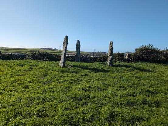 Pen-yr-orsedd standing Stones in Anglesey. Three obelisk like stones in a triangle shape facing toward each other at a slightly acute angle. Green field, hedge, blue sky.