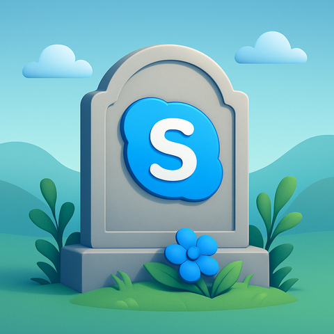 Na ilustracji widoczny jest nagrobek z dużym, niebieskim logo Skype’a pośrodku. Nagrobek stoi na zielonej trawie, otoczony roślinami i niebieskim kwiatkiem. W tle rozciągają się łagodne wzgórza w odcieniach błękitu i zieleni oraz błękitne niebo z dwoma zaokrąglonymi chmurami.