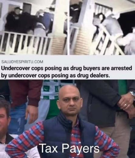 Headline: "Undercover cops posing as drug buyers are arrested by undercover cops posing as drug dealers"

Tax payers: [photo of a person looking sassily down into the camera]