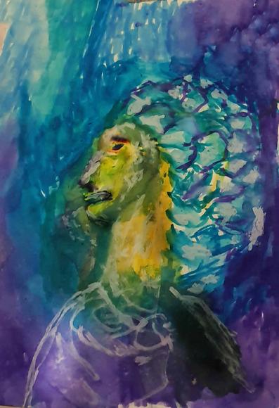 Painting of a human shape from the side with clouds for hear with a blue background