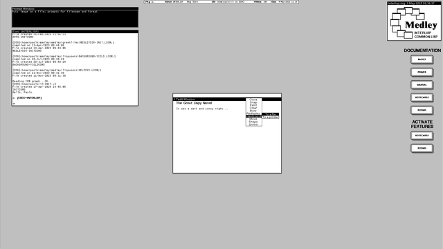 Screenshot of the black and white desktop of a 1980s graphical workstation environment. The desktop has a gray background pattern and some windows with a white background and a title bar with white text on a black background. The main window is a rich text editor with some text in the buffer. On the title bar of the window are an open popup menu and a submenu with the highlighted item Hardcopy > To a file.