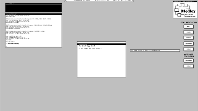 Screenshot of the black and white desktop of a 1980s graphical workstation environment. The desktop has a gray background pattern and some windows with a white background and a title bar with white text on a black background. The main window is a rich text editor with some text in the buffer. Next to the editor window is a text entry field that requests a file name.