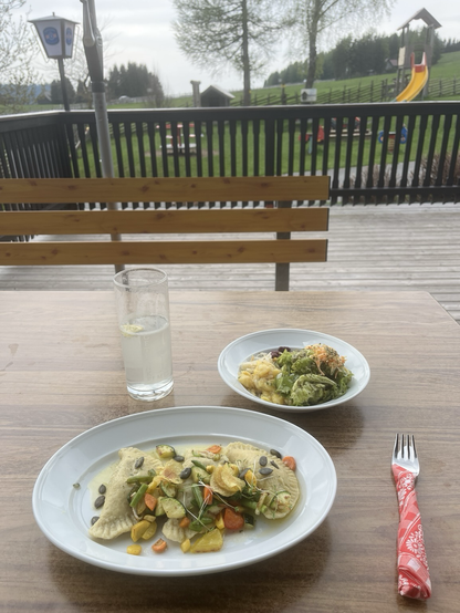 Gefüllte vegetarische Teigtaschen mit gemischtem Salat mit Blick von der Außenterasse auf einen Kinderspielplatz