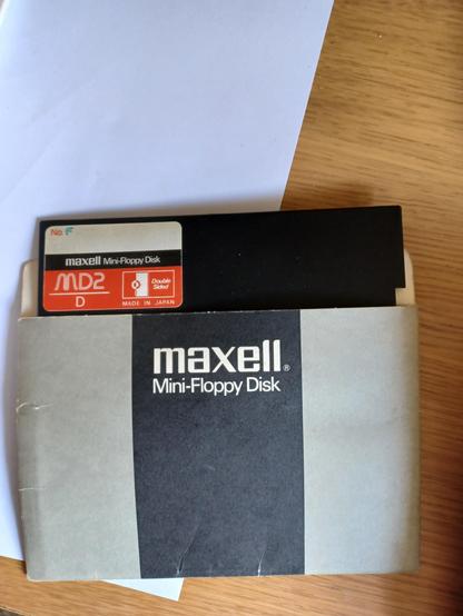 A Maxell MD2 Mini-Floppy Disk in the original cardboard jacket. It contains programs for a RM380Z written in 1981/82.