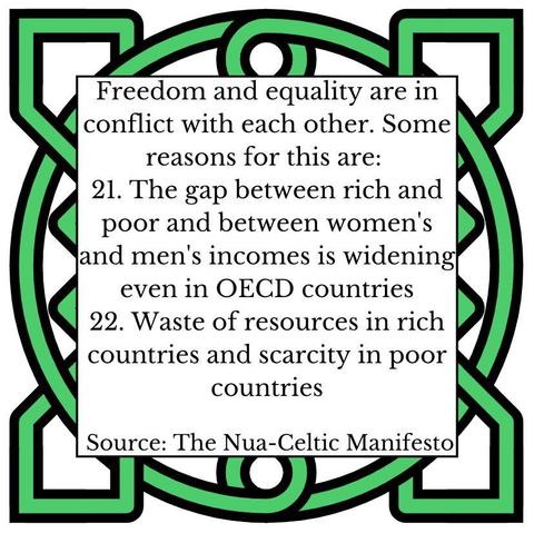 Freedom and equality are in conflict with each other. Some reasons for this are:
21.	The gap between rich and poor and between women's and men's incomes is widening even in OECD countries
22.	Waste of resources in rich countries and scarcity in poor countries
Source: The Nua-Celtic Manifesto