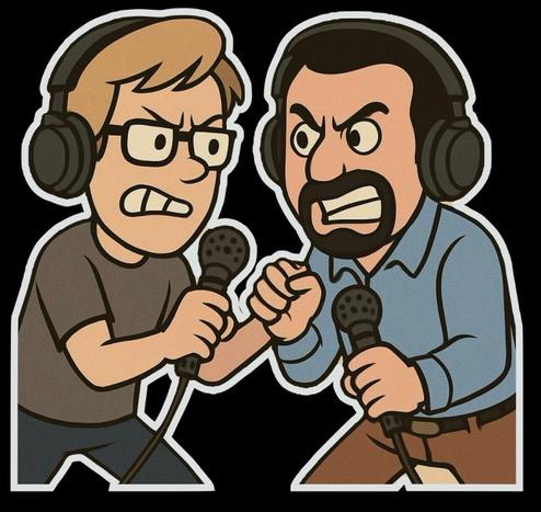 Cartoon renditions of Andy and Michael M with headphones and microphones, arm wrestling, generated by ChatGPT May 2025