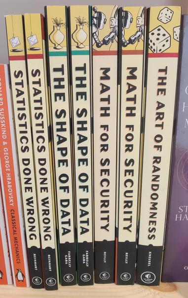 Multiples còpies dels mateixos llibres en un prestatge:
- The Art of Randomness
- Math for Security
- The Shape of Data
- Statistics Done Wrong