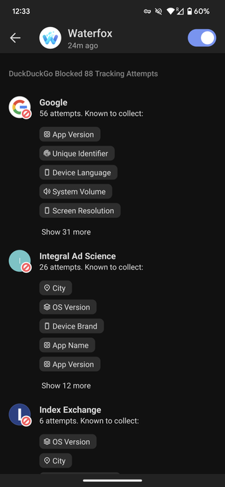 Screenshot of DuckDuckGo app tracker protection where they show that they have blocked Tracker coming from the Waterfox browser.