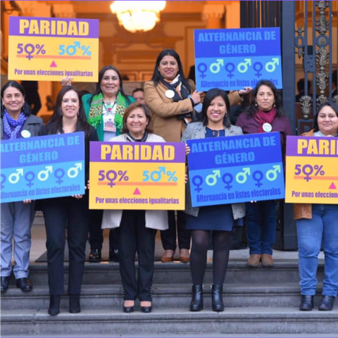 Foto: https://www.manuela.org.pe/

L'immagine mostra un gruppo di donne che tengono cartelli che chiedono la parità di genere nelle elezioni. I cartelli recitano "Paridad 50% 50%" e "Alternancia de Género", che significa "alternanza di genere". Le donne sono in piedi su una scalinata di fronte a un edificio.

Descrizione generata con AI.