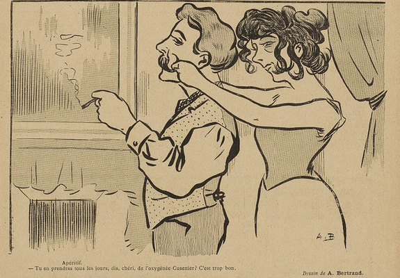 This image shows a sketch, black on yellowish paper. It shows a couple, inside, getting ready. The woman, who seems to be wearing underclothes and with her hair yet undone, stands behind the man and seems to be fixing his mustache. The man is already clothed, smoking a cigarette. The woman is talking to the man.

Below the image it says, in French: "Aperitif. - You take it every day, don't you, darling, Oxygénée Cusenier? It's so good."

The sketch was published in "Le Sourire" on the 08.11.1902, p. 11.