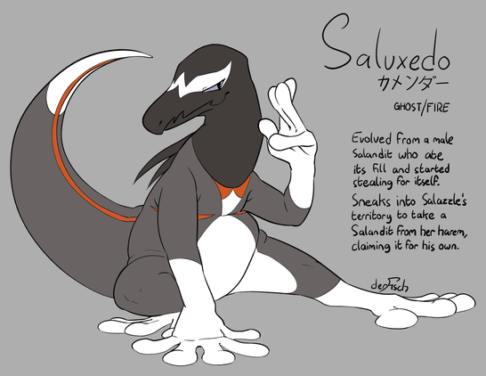 image text: "Saluxedo. カメンダー. Ghost/Fire. Evolved from a male Salandit who ate its fill and started stealing for itself. Sneaks into Salazzle's territory to take a Salandit from her harem, claiming it for his own."

image: a chubby lizard creature with a smug, sultry expression. he has a grey head and neck, as if wearing a hood, with a white mask-like marking over his eyes. markings on the rest of his body resemble a tuxedo with white gloves and boots and red accents. He has big hands and feet with round, squishy bits on the end of his fingers and toes, which appear to be very grippy.