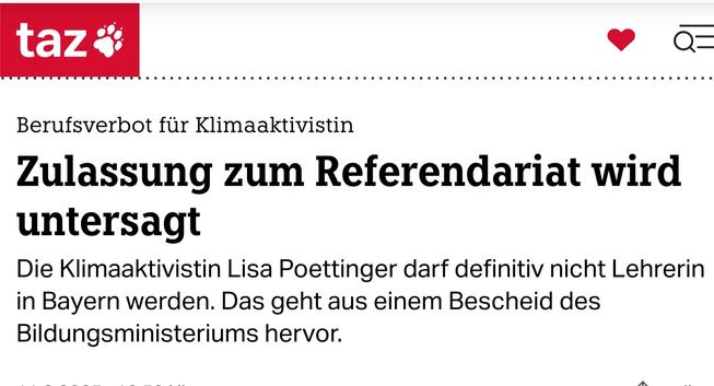Schlagzeile "Berufsverbot für Klimaaktivistin"
