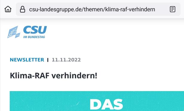 Webseite CSU-Landesgruppe:

"Klima-RAF verhindern!"