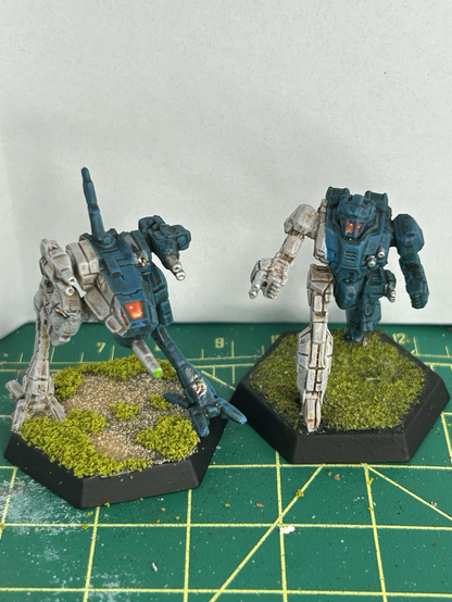Locust and Wasp mechs, painted white and blue, with authentic battle damage