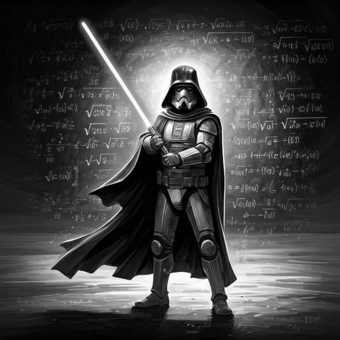 Black and white sketch of a Darth Vader-esque stormtrooper figure wielding a lightsaber with a backdrop filled with math scribbles with a lot of square root signs.