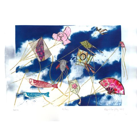 As described, this is a blue and white cyanotype print on watercolour paper (11” x 14”) of a cloudy sky. On top I printed a gold linocut of many kites and windsocks, including some shaped like koi fish, a cicada, a fan, a bird and various geometric shapes. Each kite is printed onto various collaged coloured and patterned Japanese washi papers.