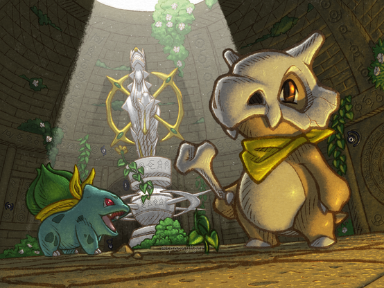 Digitally-handmade Pokemon fanart featuring a Cubone and a Bulbasaur wearing yellow scarves, and exploring a chamber of some ancient ruins with a white statue in the middle of Arceus looking up at the skylight above letting in sunlight. Unown carvings decorate the walls, however a few Unown roam chambers as well.