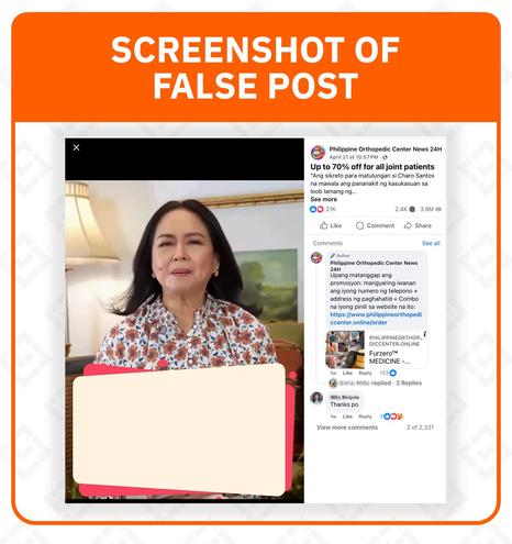 <p><strong>Claim: </strong>Actress Charo Santos endorses the product Bee Venom Turmeric Joint and Bone Pain Relief Cream. </p>



<h5 class="wp-block-heading" id="h-rating-false"><strong>Rating: FALSE</strong></h5>



<p><strong>Why we fact-checked this: </strong>On April 21, the Facebook page “Philippine Orthopedic News Center 24H” posted a video featuring the renowned actress endorsing the pain relief cream. </p>



<p>As of this writing, the video has garnered 21,000 reactions, 2,000 comments, and 1,000 shares on Facebook. Being a sponsored post, it’s able to reach audiences outside the page’s usual followers. </p>



<p>The caption makes bold health claims, asserting that the product can cure several health conditions: “<em>Ang pananakit ng kasu-kasuan, arthritis, gout, hirap sa paggalaw, kahit na 10 o 20 taon na ang sakit ay maaari pa ring ganap na gumaling sa pamamaraang ito.” </em></p>



<p>(Joint pain, arthritis, gout and issues with mobility can still be cured using this method, even if the condition has persisted for 10 or even 20 years.) </p>



<p>The post&#8217;s caption and the video also encourage users to click a link to purchase the product, offering discounts as an incentive.</p>



<p>The video spends only two minutes showing Santos seemingly endorsing the product. The remaining 30 minutes feature expansive shots of natural landscapes unrelated to the product. </p>



<figure class="wp-block-image size-large"><img alt="" class="wp-image-2979502" height="10