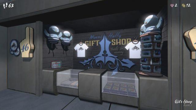 The Mt. Holly Gift Shop, a room unlocked in Blue Prince after completing the main game. Items include the three mountain symbol of three fictional countries that split up before the game began; a foam finger with "46" on it, Swim Bird plushies on the wall, T-shirts, video games in cabinets, post cards and other gift shop stuff. In a huge miss, the game devs don't actually offer this stuff in real life. Is there a puzzle in the gift shop? Of course there is.