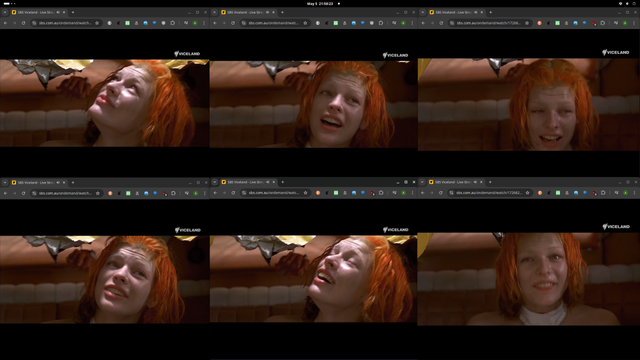 Screenshot of 6 webbrowser windows arranged in a grid, each playing The Fifth Element from SBS Viceland's live stream.