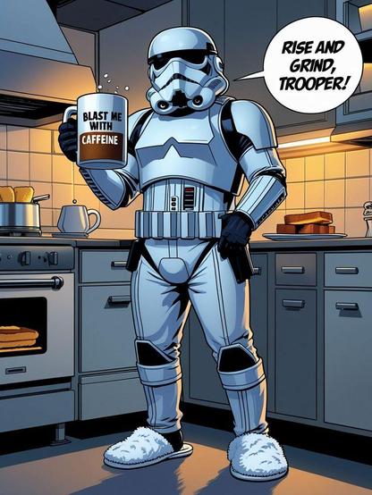 A Stormtrooper prepares his morning coffee. Rise and grind, Trooper!