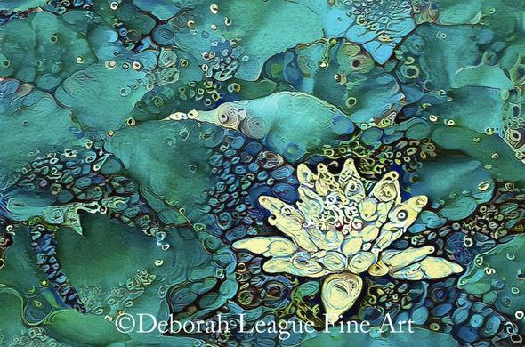 Waterlily Fantasy is an abstract depiction of a water lily flower in bloom among thick, buoyant lily pads. The night blossoming flower seems to glow among the thick green leaves in aqua blue water. The image has an almost three dimensional effect. A magical image for your home, office or spa.