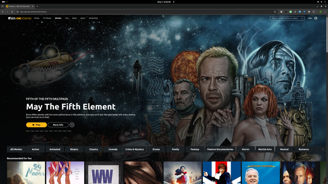 Screenshot of the SBS On Demand Movies webpage, showing a promotion for The Fifth Element, or as they are calling it "May The Fifth Element", with the tagline "Fifth-Of-The-Fifth Multipass".
