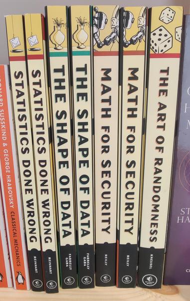 Many copies of technical books side by side, on a shelve.
- The Art of Randomness
- Math for Security
- The Shape of Data
- Statistics Done Wrong