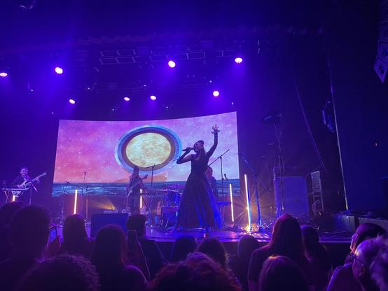A music venue stage: a black woman with braided locks and a long full patterned skirt sings into a microphone she holds on her right hand, while her left arm is outstretched above her. Behind her a large video screen shows a golden orb, encircled by silver, on a cloudy pink sky with ocean water below. She is lit from above by purple stage lights. Two other woman musicians are also visible on stage, one playing bass and one playing guitar (the drummer, also a woman) is hidden behind the singer at the moment.