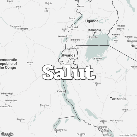 Map of Burundi overlaid with a translation of the word "hello": Salut.