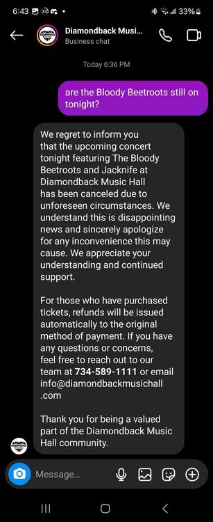 A message explaining that the Detroit leg of the Bloody Beetroots tour has been canceled due to "unforeseen circumstances" ... 🤔