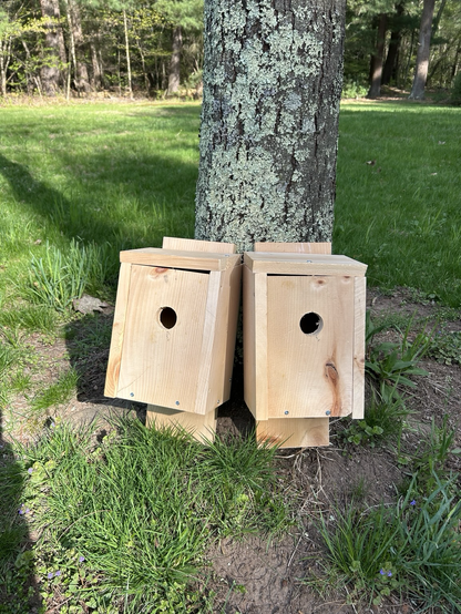 2 wooden homemade birdhouses