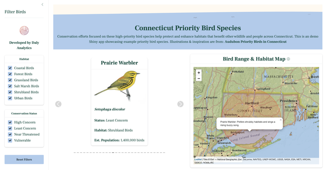 A screenshot of a demo shiny app featuring CT priority bird species