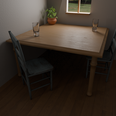 A 3D rendering of a still life scene.  A wooden table sits in the corner of a room, with two chairs pulled up underneath it.  The leftmost chair, closest to the viewer, is pulled out slightly.  A grassy field is outside a window on the wall above the table.  The window lets in a glow of daylight, illuminating two drinking glasses on the table, and letting a potted, green-leafed plant cast a shadow against the wall at the corner of the table.  The wall is lightly textured, as if painted with a carpeted roller brush, and the floor beneath is composed of wooden planks.