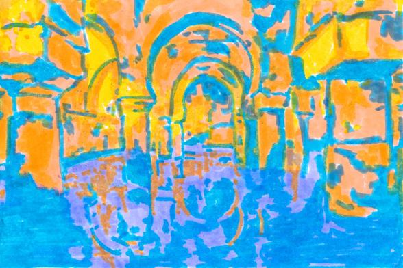 4x6 marker illustration of the Hall of Winds