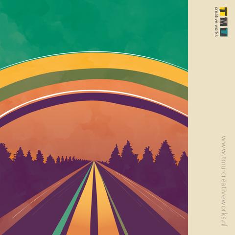 Minimalist illustration of a road leading into the setting sun, with trees along both sides.