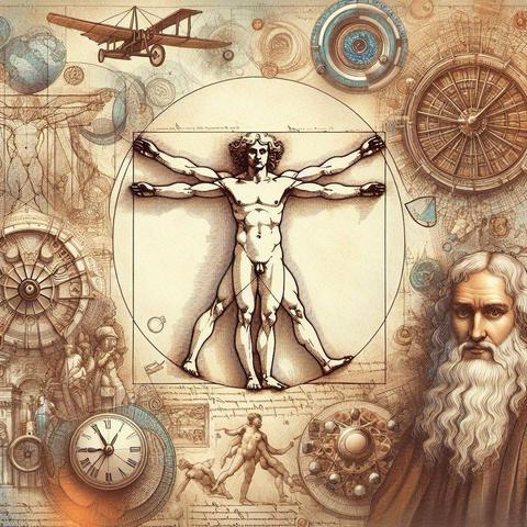 Im Zentrum des Bildes steht Leonardos berühmter Vitruvianischer Mensch – Sinnbild des humanistischen Ideals, dass der Mensch Maß und Mitte aller Dinge ist. Um ihn herum entfaltet sich ein Panorama visionärer Errungenschaften: Flugmaschinen, mechanische Zahnräder, Himmelskarten und architektonische Skizzen – Symbole für den Drang, die Grenzen des Bekannten zu sprengen.

Der Blick des alten Leonardo, ernst und durchdringend, scheint uns zu mahnen: Denke größer. Wage mehr. Sei der Erste, nicht der Angepasste.

Das Bild ist eine Hommage an den schöpferischen Mut – und zugleich eine stille Anklage an jede Zeit, die Innovation mit Angst und Kontrolle beantwortet.
🖖
