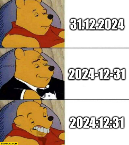 An instance of the "tuxedo winnie the pooh" meme. Next to regular Pooh, the date "31.12.2024" is written, the Pooh in a tuxedo corresponds to "2024-12-31" and the derp Pooh has the date format "2024:12:31" next to it.