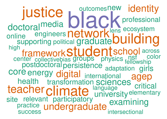 A word cloud of the most frequent terms in terminated NSF grant titles and abstracts, with words of different sizes, and different colors, with purple for the largest, red medium, and green small. "Black" stands out prominently in purple. In red, we see "climate", "student", "network", "justice", "identity", "teacher", and "undergraduate".