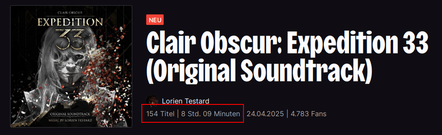 Screenshot einer Musikstreaminganbieter-Website: Albumseite von "Clair Obscur: Expedition 33 (Original Soundtrack)". Rot hervorgehoben ist die Laufzeit von "154 Titel, 8 Stunden, 9 Minuten".