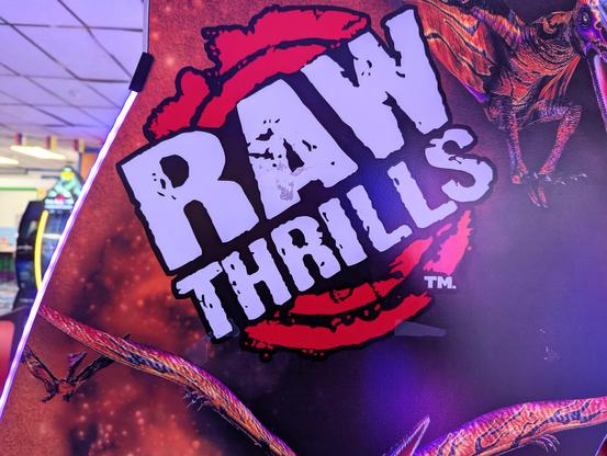 The words "Raw Thrills" are on the side of an arcade video game.