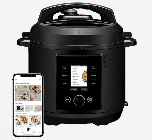 Front view of the Chef iQ Cooker. It appears as a countertop slow cooker with a rotatable lid that has a large handle on top for lid removal. The cooker also has handles on the upper sides to lift and move unit. The cooker is all black with a color LCD panel on the front for control. Under the panel are three knobs to control and select the cooking functions displayed on the panel. A mobile phone is also shown in the lower left in front of the cooker. It displays a “Featured Recipe” and associated cooking instructions for remote control and monitoring of the cook.
