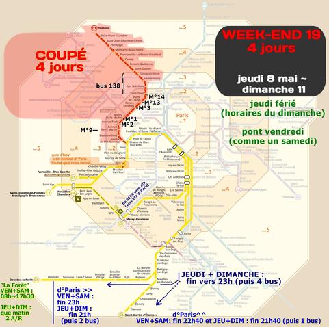 ligne C week-end de 4 jours du jeudi 8 au dimanche 11 mai. jeudi férié mêmes horaires que dimanche. Et pont du vendredi horaires du samedi... Toute la branche nord est coupée. Aucun bus de remplacement. La gare d'Issy est à moitié rouverte, seul le quai vers Paris a rouvert, pas d'arrêt en sens inverse. Habituellement week-end et fête le sud de Rungis finit dès 22h et même dès 21h vers Paris. à Dourdan-la-Forêt il y a peu de trains samedi ou ici vendredi aussi. Et seulement 2 trains jeudi et dimanche, uniquement en matinée. Ce dimanche soir comme jeudi soir le sud de Brétigny finit vers 23h et même, direction Paris, dès 21h depuis Dourdan ou dès 21h40 depuis Étampes. Pour rappel à Longjumeau le C est remplacé par le tram T12. Et le tronçon Versailles-Chantiers Massy-Pal est devenu autonome, nommé ligne V.