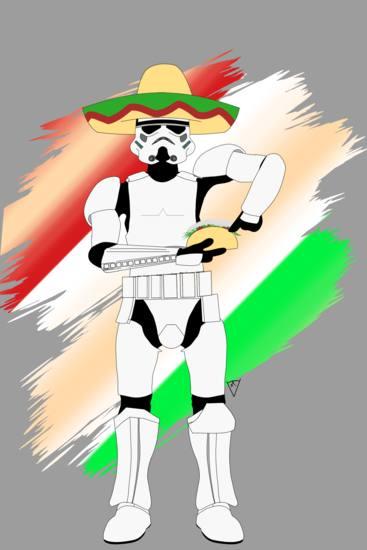A stormtrooper donning a festive sombrero, clutching a taco with one hand and dramatically pointing with the other, as if to say, "This is the real force, my friend!"